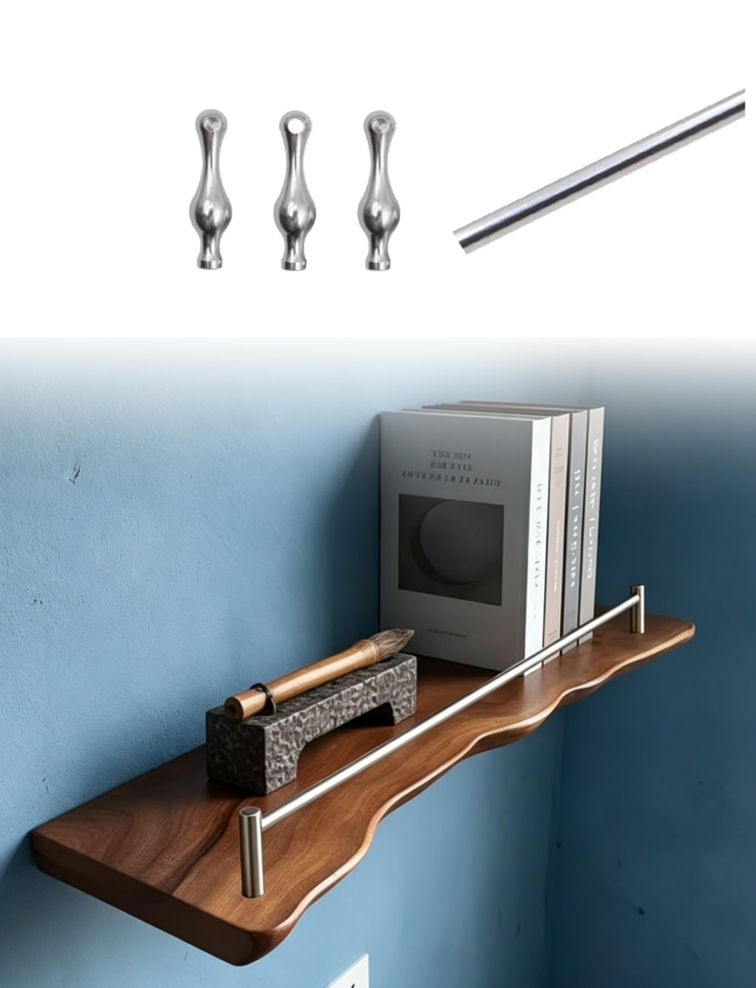 MRVAKDYDI Long Floating Shelf Railing Rod, Aluminum Shelf Guard Rail Set Silver Multiple Sizes(8in/20cm)