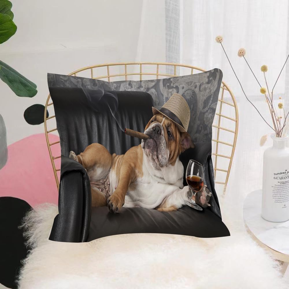 HYOSXW Cushion Cover,Throw Pillow Case Home Decorative for Living Room Bedroom Sofa Chair 16X16 Inch,Bulldog, humorous photo of a gentleman resting on a chair with a glass of drink,Pillowcase 40X40cm