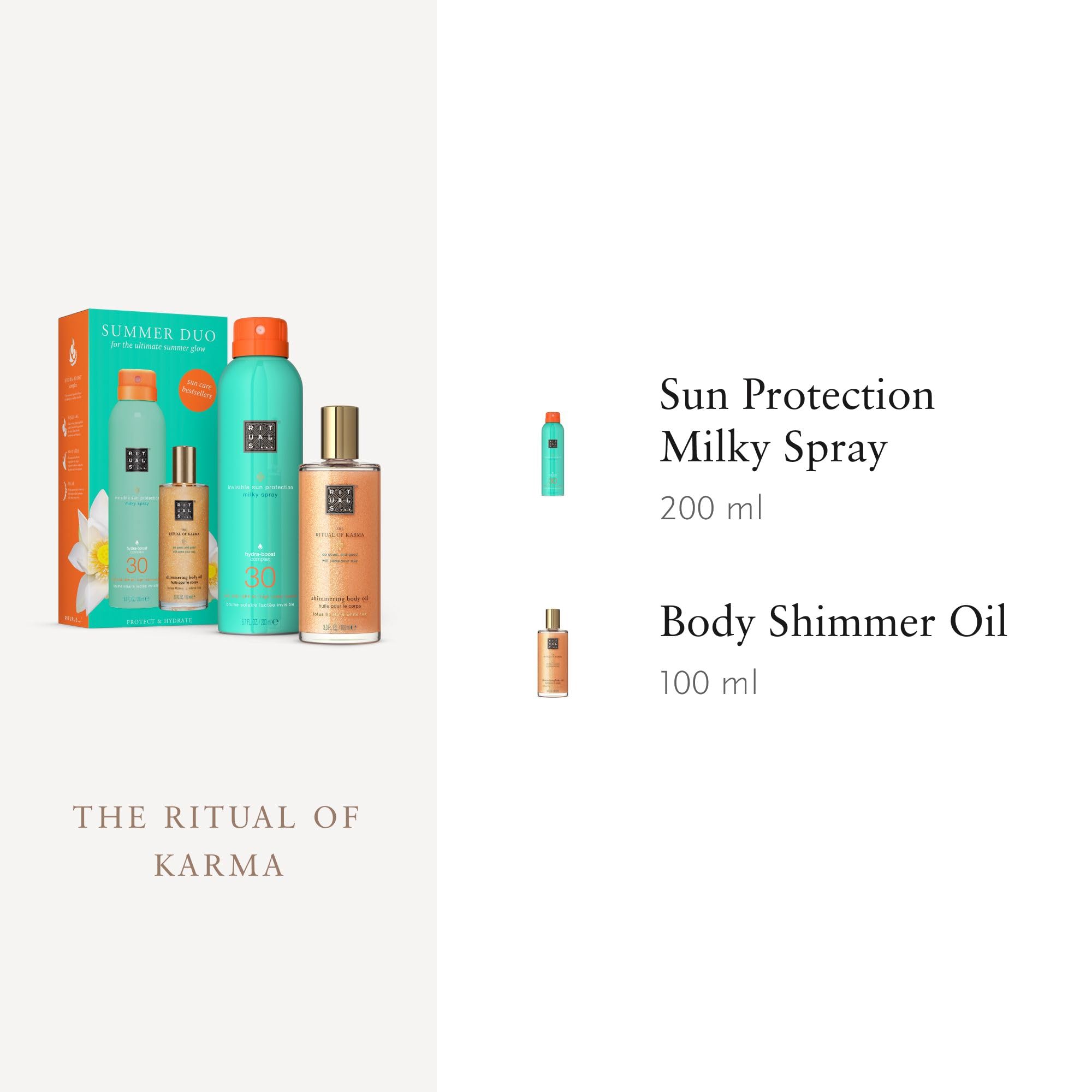 Rituals The Ritual of Karma Summer Duo – Spray de crema solar SPF 30 y aceite corporal brillante – Set de regalo con aroma de loto y té blanco