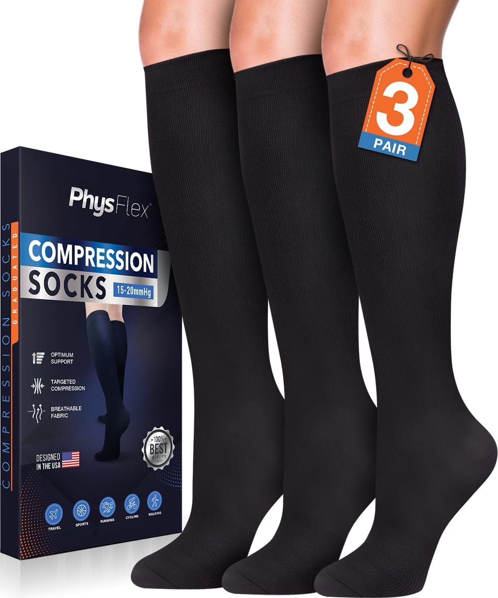 Compression Socks for Women and Men (3-Pairs) Best Support for Running, Flying, Pregnancy - Knee High Graduated Compression Stockings 15-20mmHg