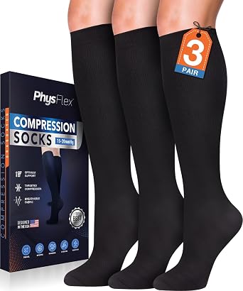 Compression Socks for Women and Men 3-Pairs Best Support for Running, Flying, Pregnancy - Knee High Graduated Compression Stockings 15-20mmHg