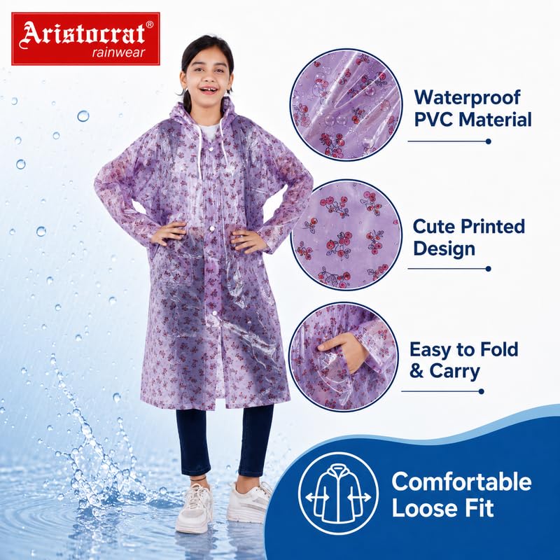Image of Aristocrat Kids Humpty Dumpty Waterproof Raincoat with Hood | Knee Length Rainwear for Boys & Girls | Regular Fit Rain Jacket with Two Front Pockets | All-Weather Protection Rainwear