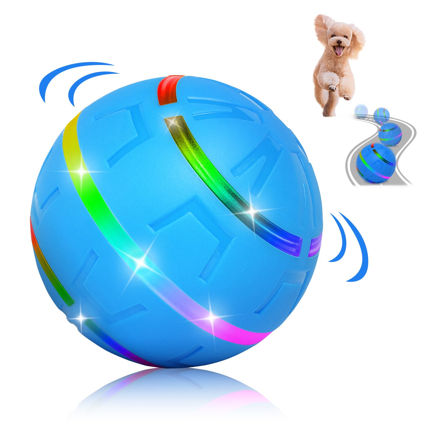 Lemuluxe Interactive Dog Toy Ball, Pet Ball with LED Lights, Motion Activated Automatic Rolling Ball Toys for Small, Medium Dogs, USB Rechargeable, Blue