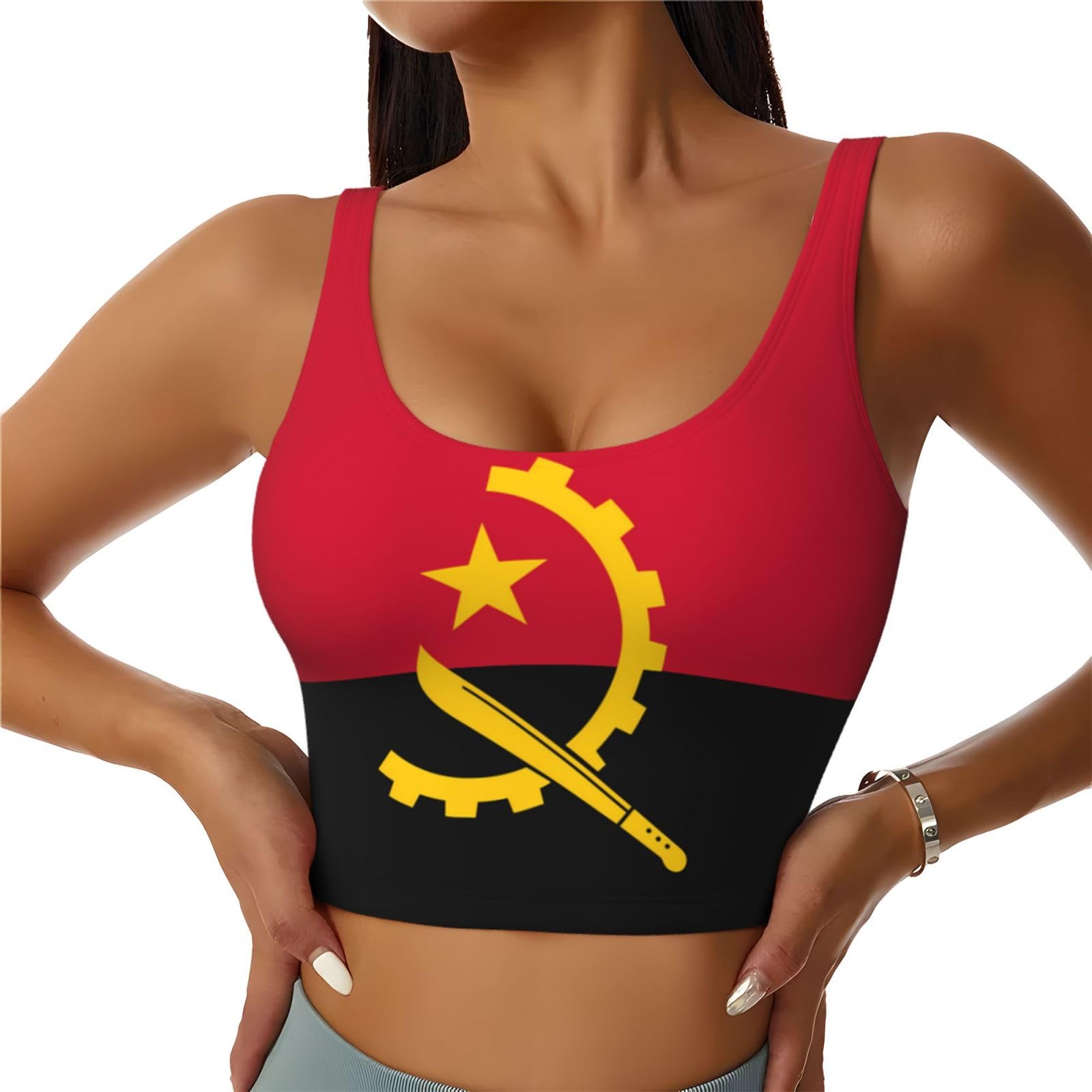 Yyhwhjde Women's Black Angola Flag Printing Sports Vest For Yoga Workout Fitness Motion Control Underwire, S