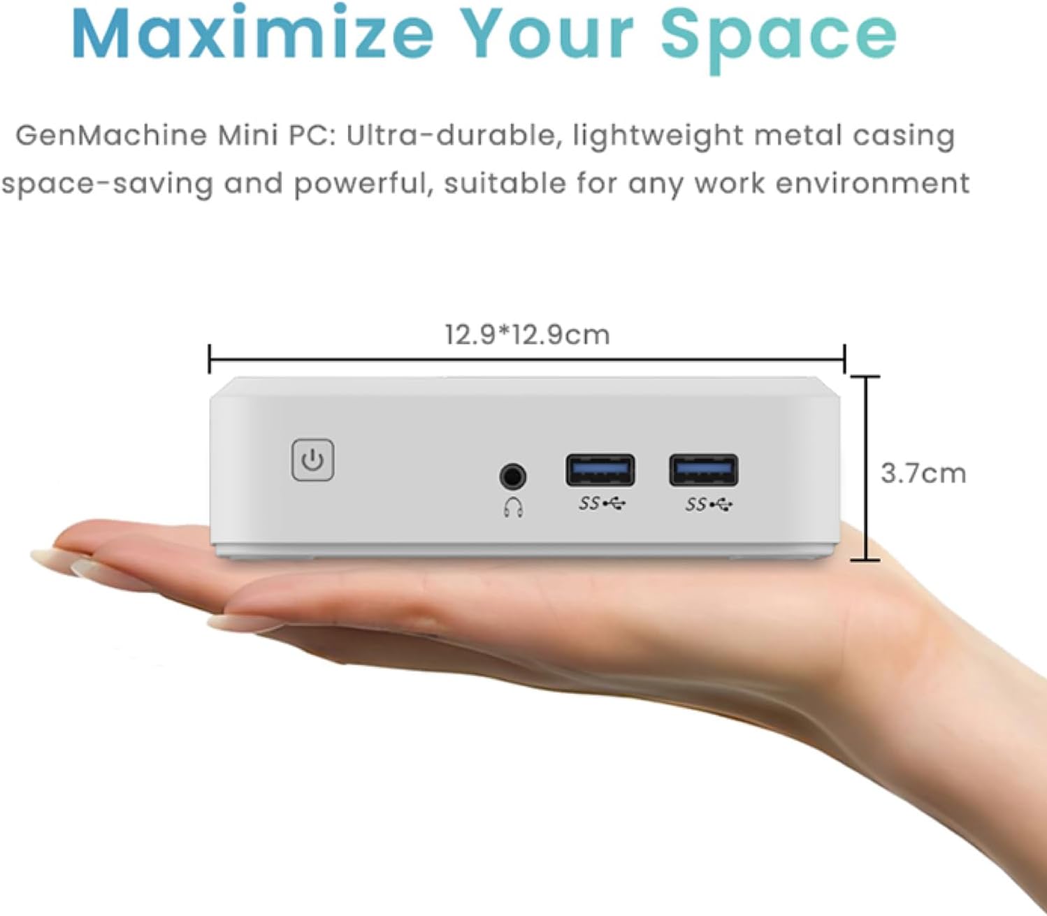 Image showing the compact dimensions of the GenMachine Mini PC (12.9x12.9x3.7 cm) held in a hand.