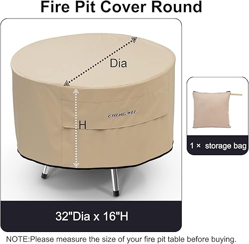 Miniatura 3 de CHENGWEI Cubierta redonda para hoguera de 32 pulgadas, impermeable, 600D, tela Oxford 600D, cubierta de mesa para fogata de gas para patio al aire