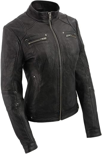 Milwaukee Leather SFL2801 Womens Racer Black Stand Up Collar Motorcycle Fashion Leather Jacket