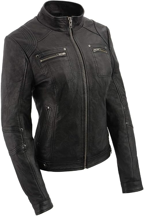 Milwaukee Leather SFL2801 Women's Racer Black Stand Up Collar Motorcycle Fashion Leather Jacket