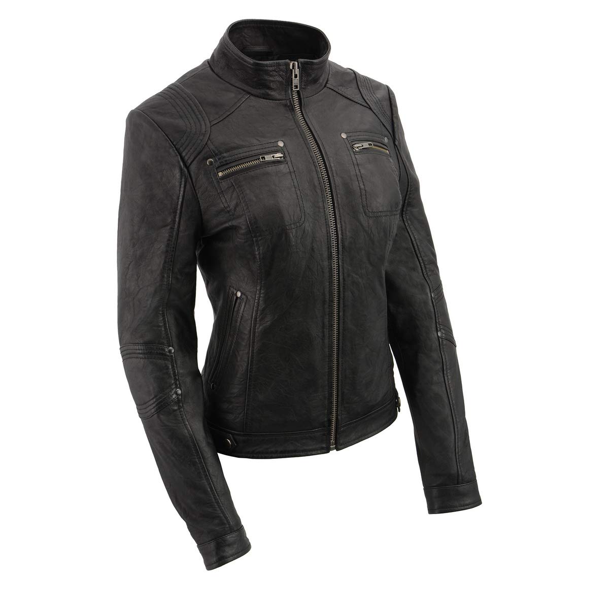 Milwaukee Leather SFL2801 Womens Racer Black Stand Up Collar Motorcycle Fashion Leather Jacket