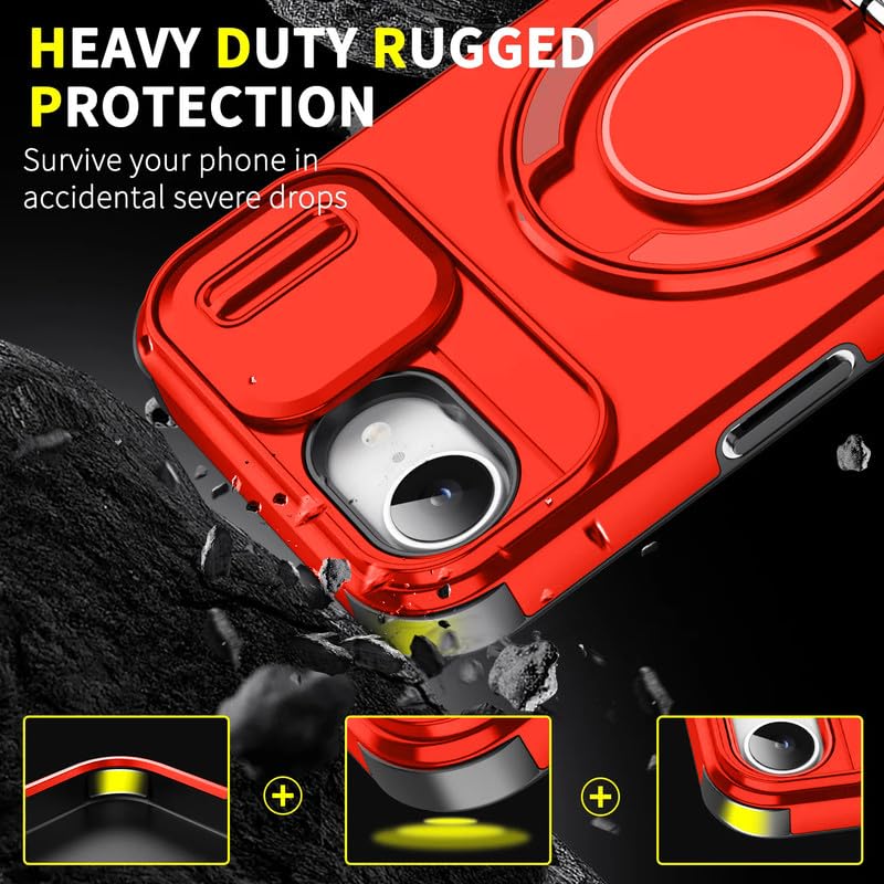 Image of LuxuryKase Shockproof Rugged Case for iPhone 16e | iPhone 17e | Slide Camera Cover | 360 Rotating Ring Kickstand | Military-Grade Protection - Cherry Red