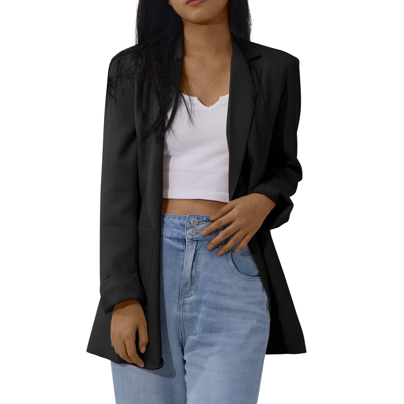 Blazers for Women Open Front Cardigan Long Sleeve Solid Pockets Lapel Coat Casual Fit Boyfriend Suit Jackets