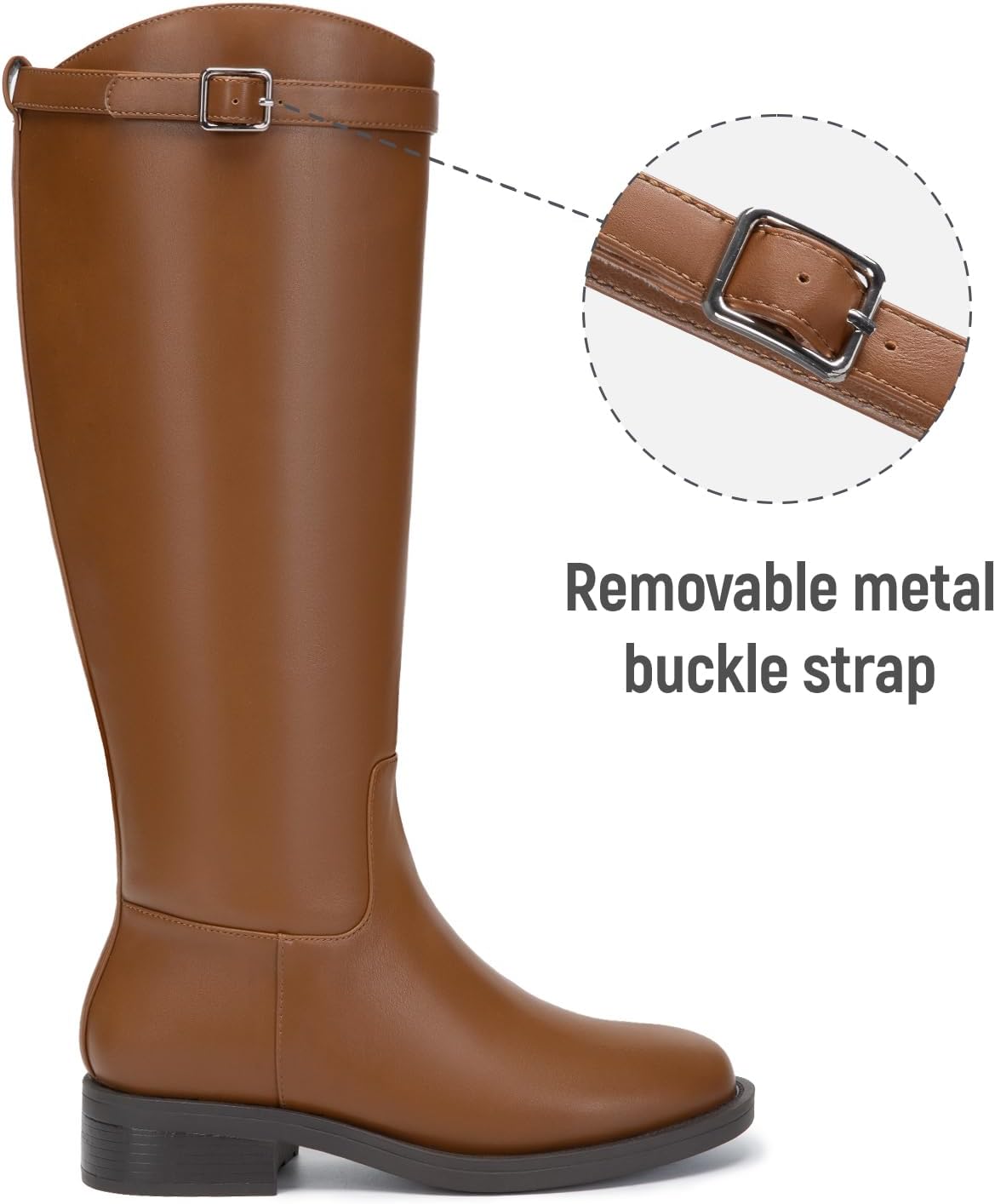 Athlefit Women's Knee High Riding Boots Round Toe Low Heel Tall Boots Pull On Long Booties with Buckle - Image 3