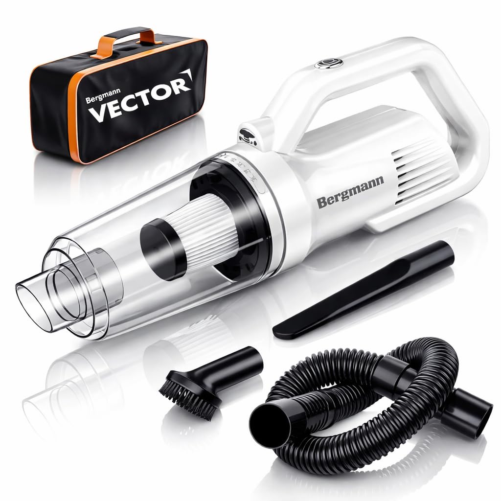 Bergmann Vector Cordless + Corded 2in1 Handheld Car & Home Vacuum Cleaner | 120W | 6000mAH Large Rechargeable Battery | HEPA Filter, 3 Attachments, Travel Bag | White