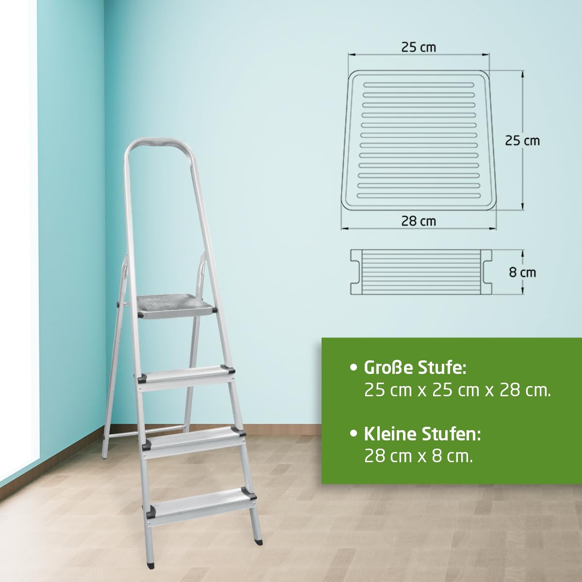 Amig - Teleskopleiter mit 4 Stufen | Aluminium | Maße der kleinen Schritte: 28x8 cm | Maße der großen Stufe: 25x25x28 cm | Heimgebrauch | Maximale Belastung 150 kg