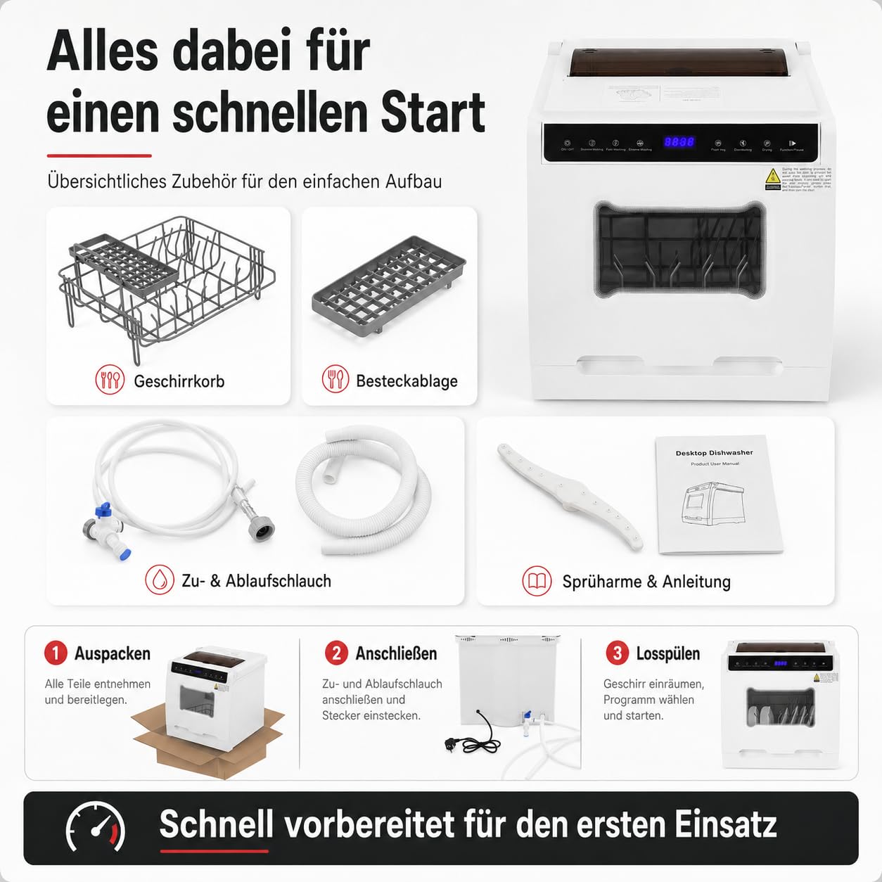 Tischgeschirrspüler 800W 6 Programme 72h Heißlufttrocknung für 4-6 Pers | Mini Spülmaschine 0.58kWh/3.5L, 52dB leiser Desktop-Dishwasher mit Messerbox & 360° Sprüharme für Wohnung/Wohnmobil