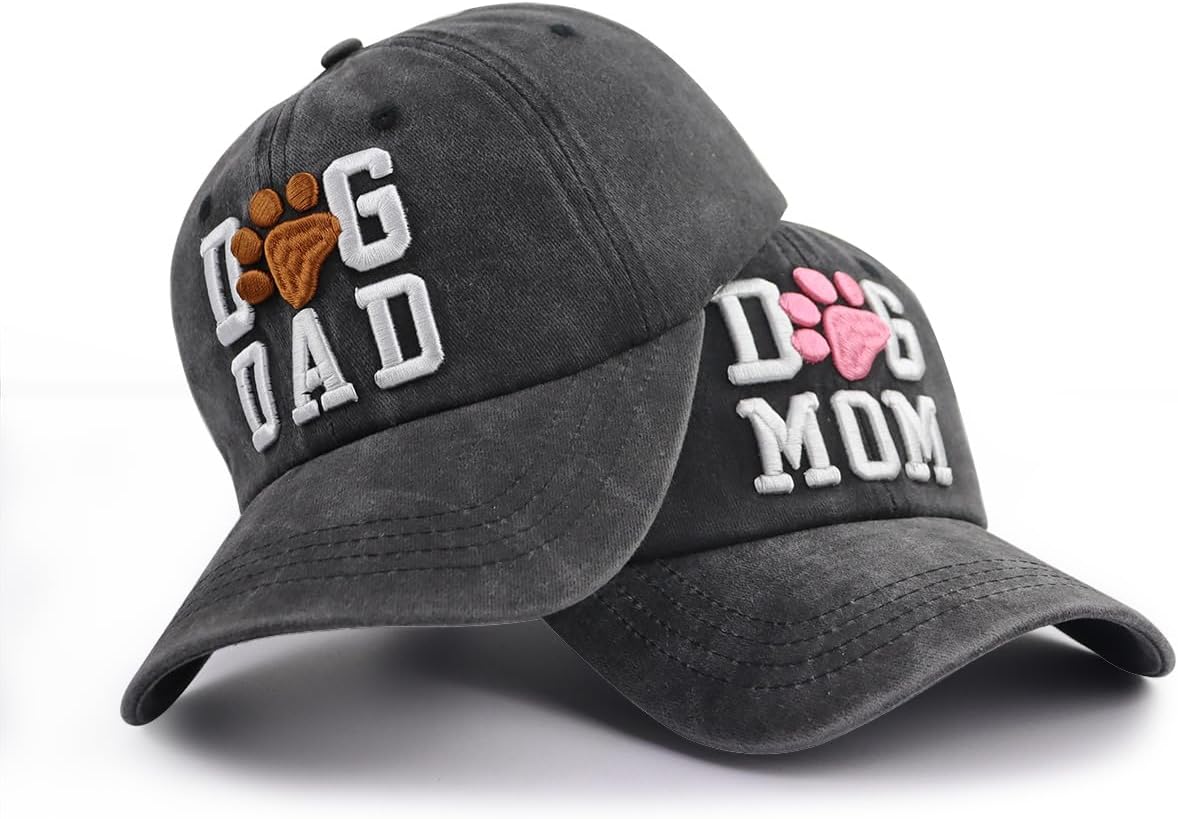 2 PCS Dog Mom & Dad Hat for Women & Men, Adjustable 3D Embroidered Dog Lover Baseball Cap