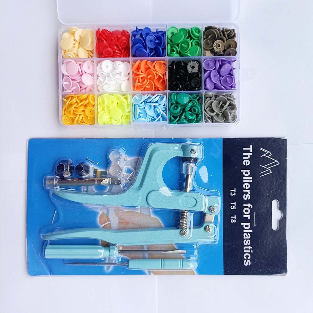 80/150/240/360 Conjunto de botones a presión con alicates de presión de metal rosa/azul Herramientas para coser bricolaje Ropa de bebé Bolsa de archivo impermeable-China, alicates azules 270set LH