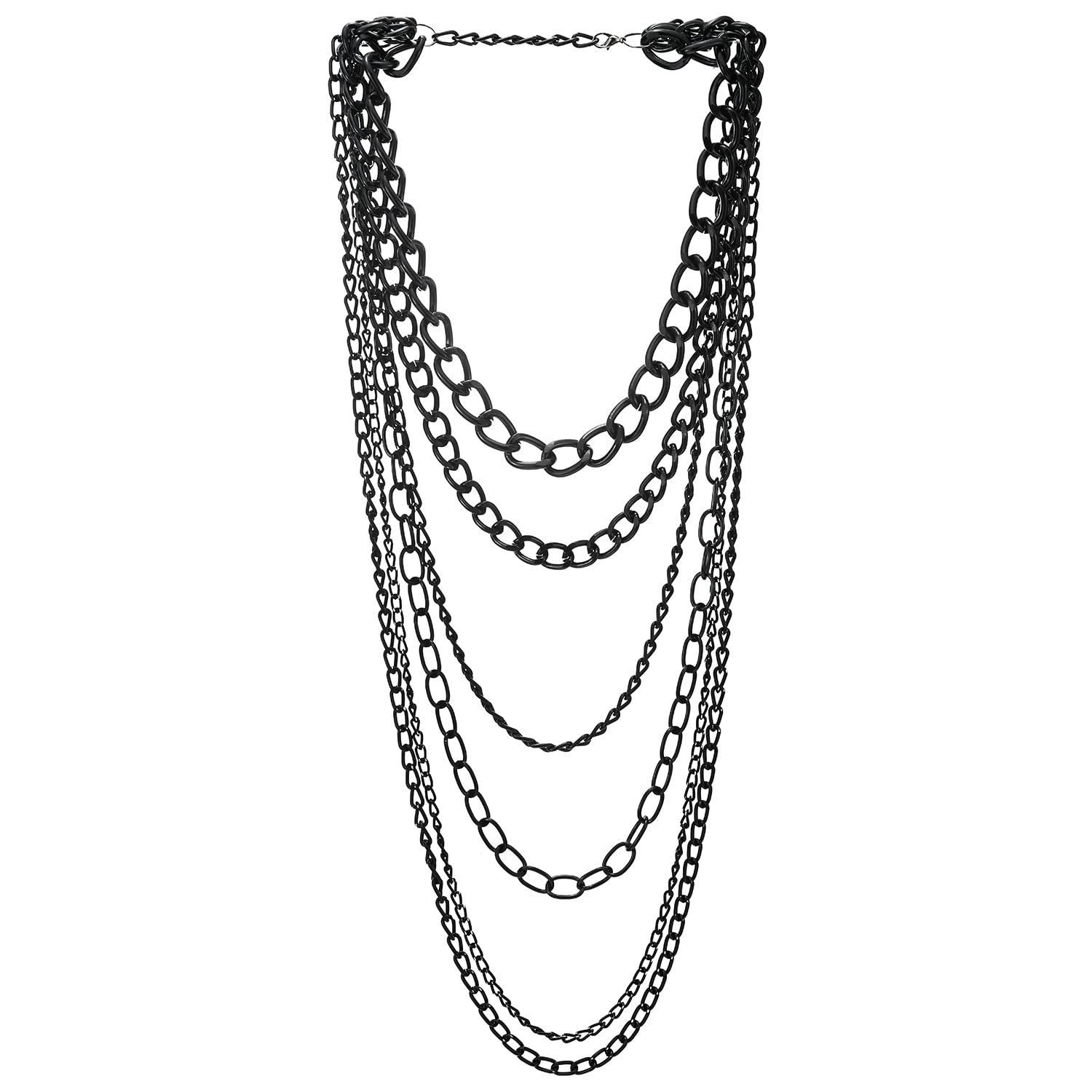 COOLSTEELANDBEYOND Black Statement Necklace Waterfall Multi-Strand Curb Link Rolo Chains, Punk Rock Cool