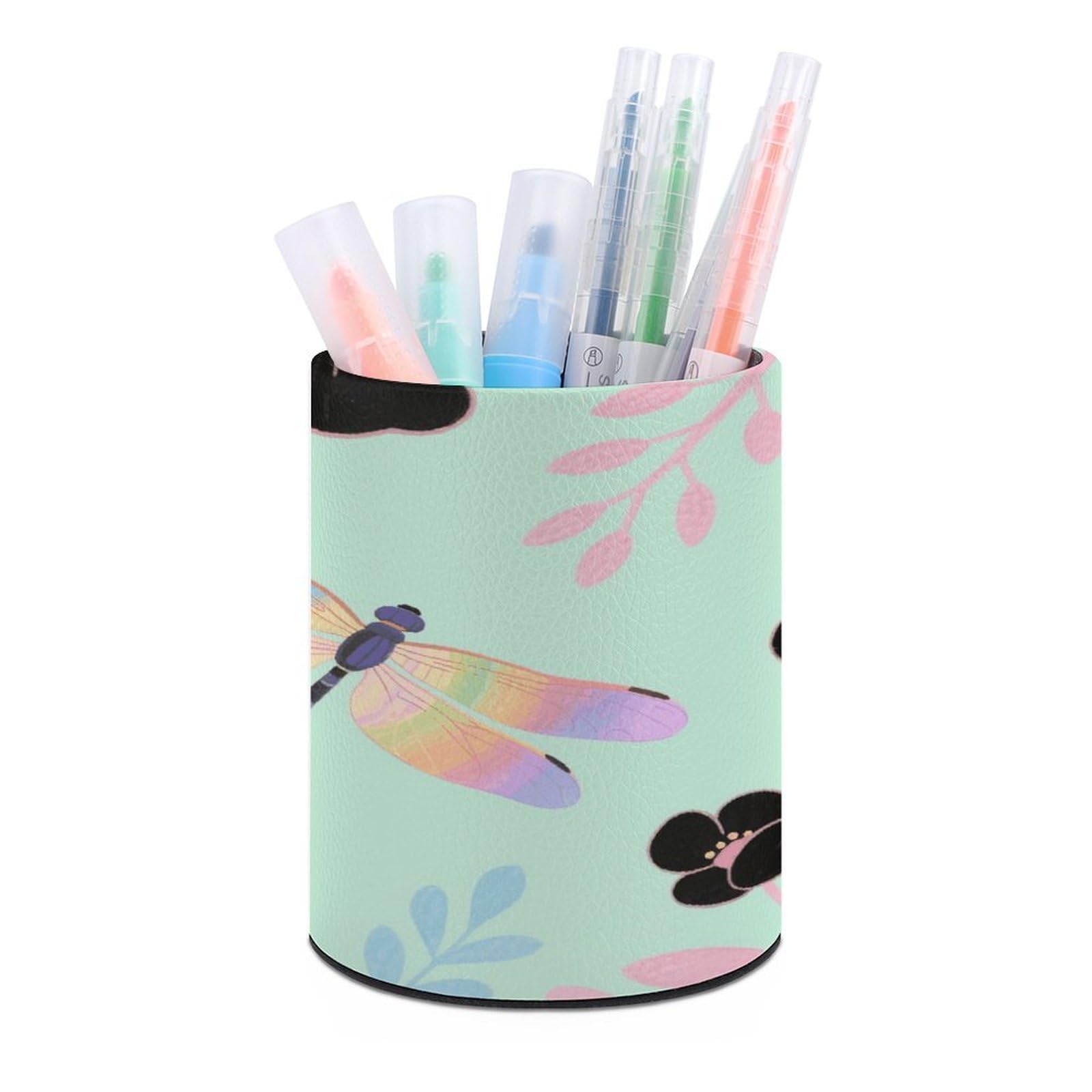 VstaDank - Round Dragonfly Pen Holder with Dragonfly Design and PU Leather Desk Organizer Holder for Office Home Desk Decoration (3.1 x 3.9
