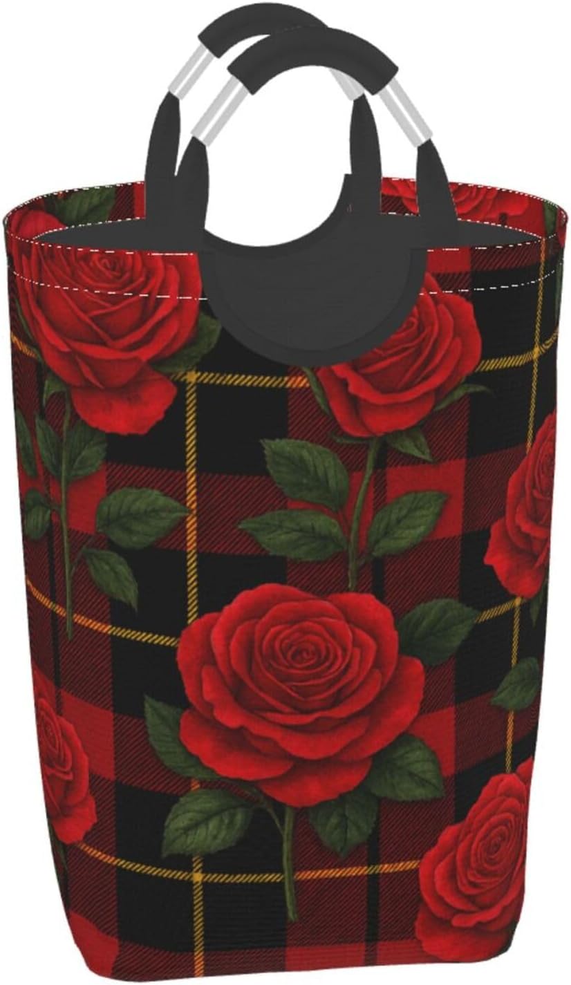 50l Laundry Basket Rose Tartan Pattern Waterproof Laundry Hamper Foldable Clothes Laundry Bag With Handles