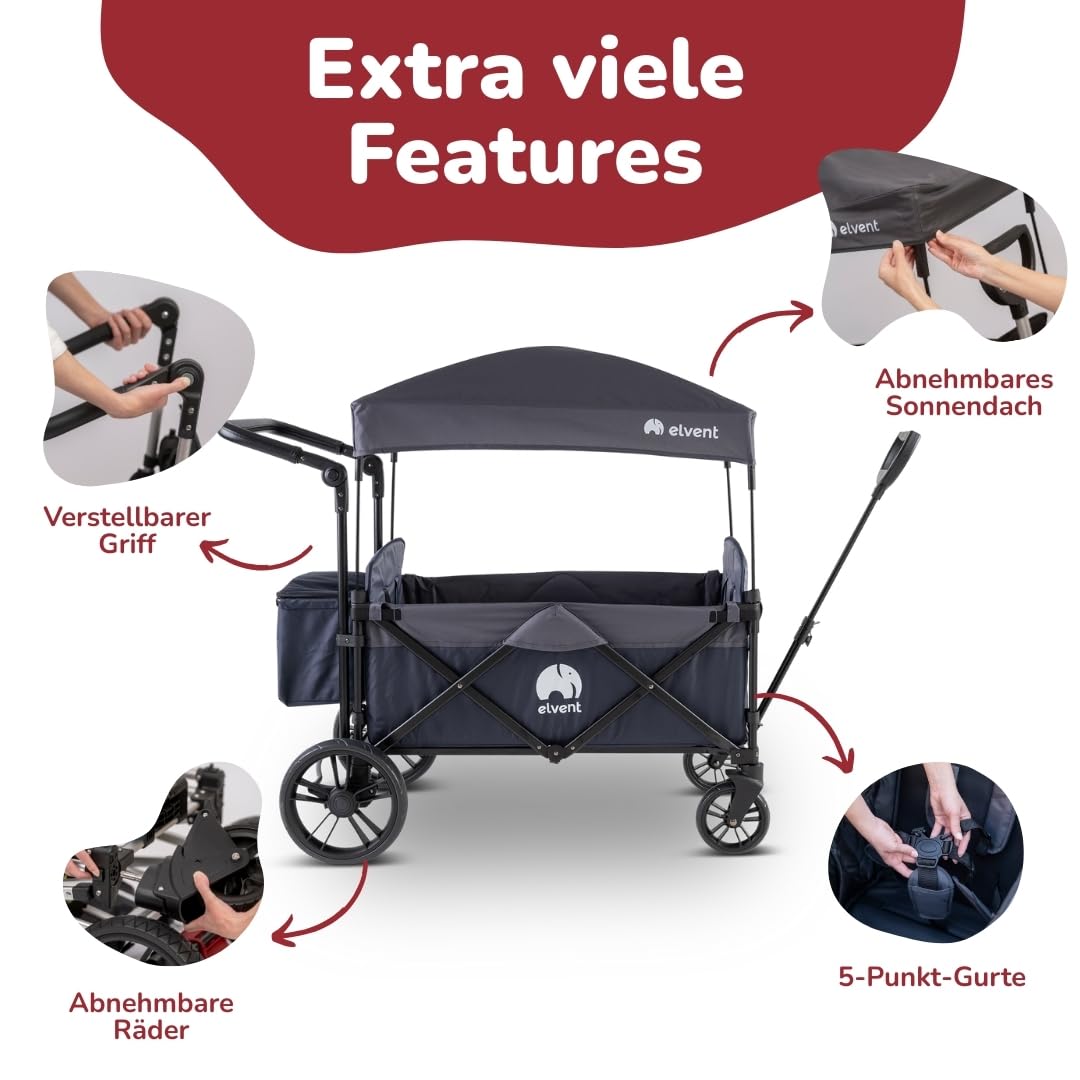 elvent® Allrounder City Bollerwagen - faltbar mit Dach | Sitzpolster, Hecktasche, Feststellbremse, 5-Punkt-Gurt I 2 Kinder (Schwarz)