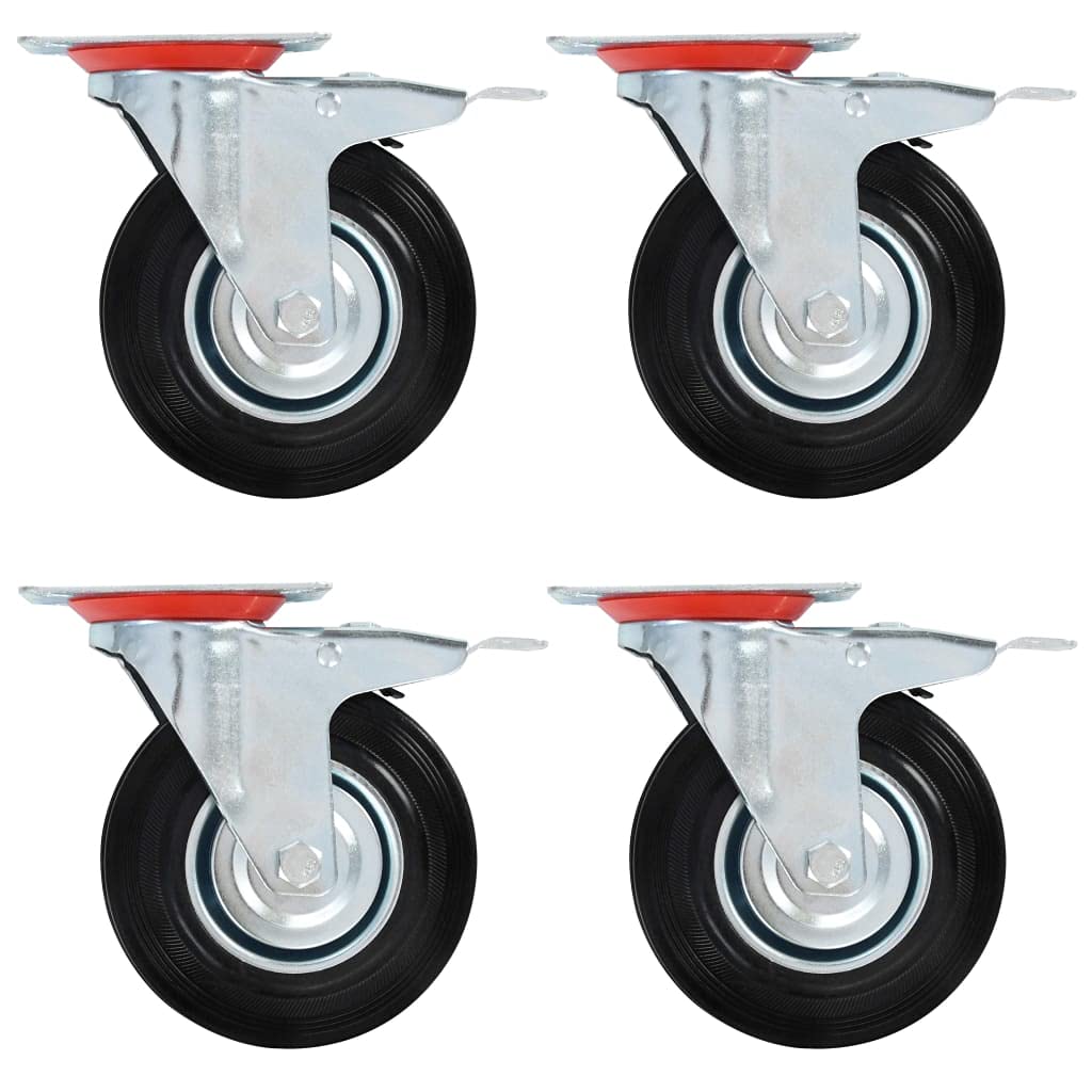 Lenkrollen mit Doppelbremsen Set 4 Stück 125 mm Gummi Eisen mit Zinkbeschichtung für Werkstatt Industrie Möbelwagen Transportgerät