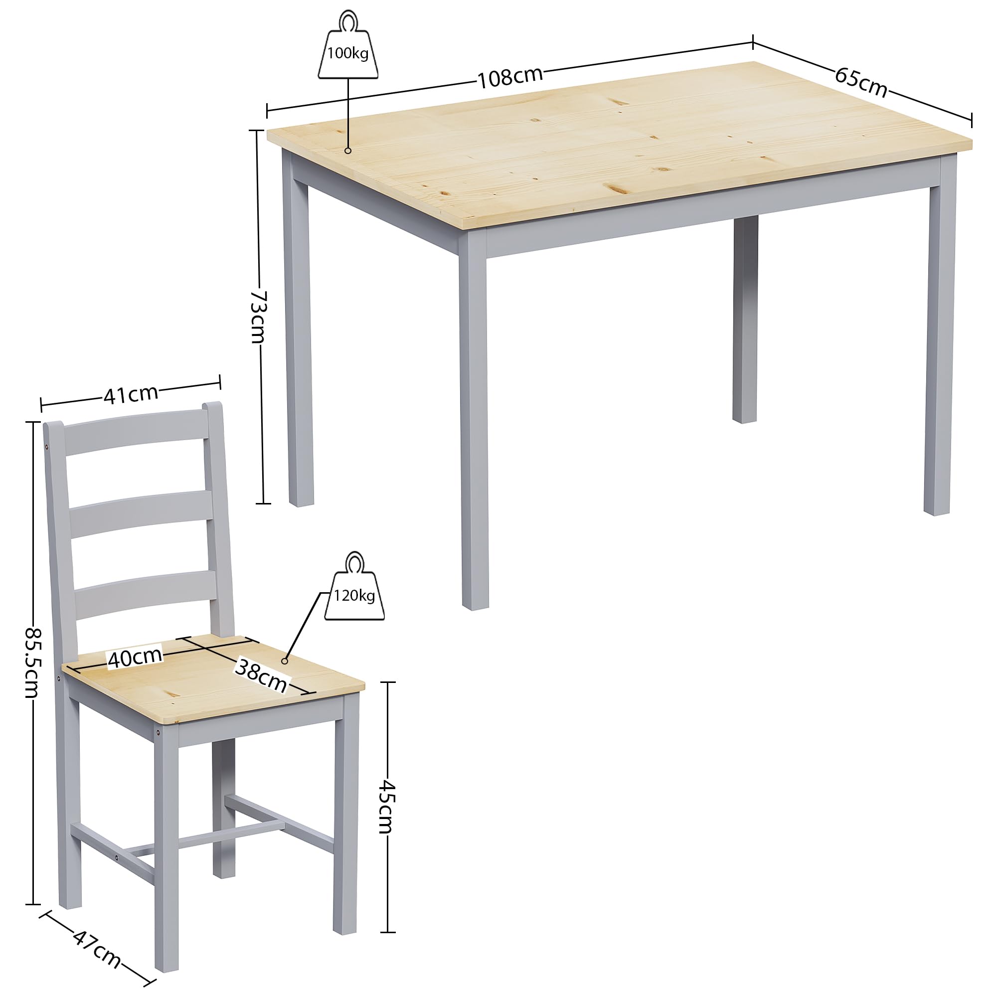 Vida Designs Set tavolo da pranzo e sedie Yorkshire mobili per la casa (grigio e pino, 4 posti)