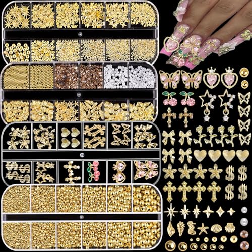 KACHIMOO Gold Nail Charms Pink Nail Art Charms 4 Boxes Nail Gems Nail Pearls 3D Cross Butterfly Cherry Heart Star Bow Flower Dollar Nail Rhinestones 3D Nail Art Charms for Nails Design
