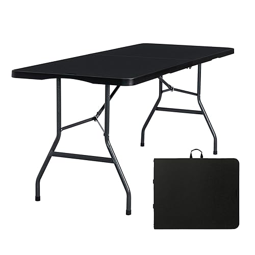 Folding Table 6ft Portable Heavy Duty Plastic Fold-in-Half 6 Foot Foldable Table Utility Dining Indoor Outdoor with Carrying Handle for Camping Picnic and Party, Black