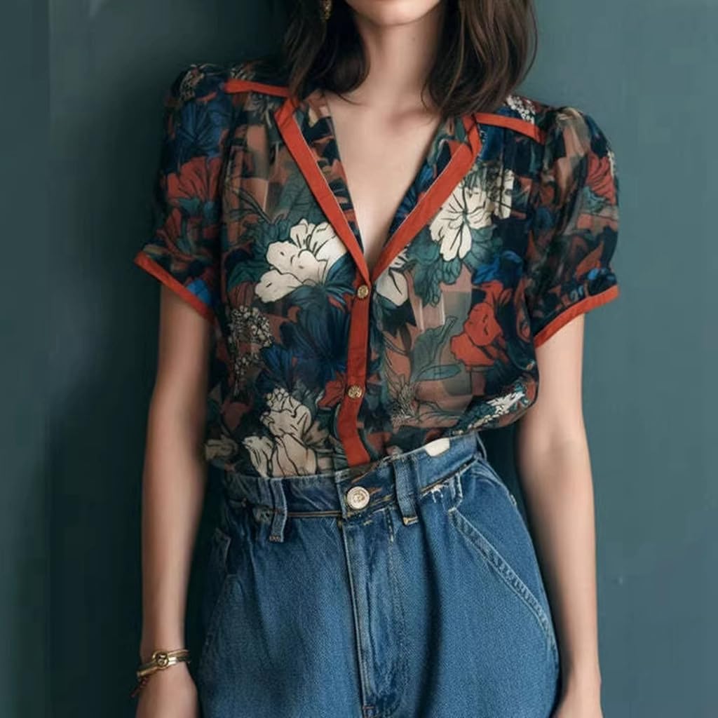 Going Out Tops for Women Floral Short Sleeve V Neck Button Down Comfy Elegant Vacation Tops for Women 2026