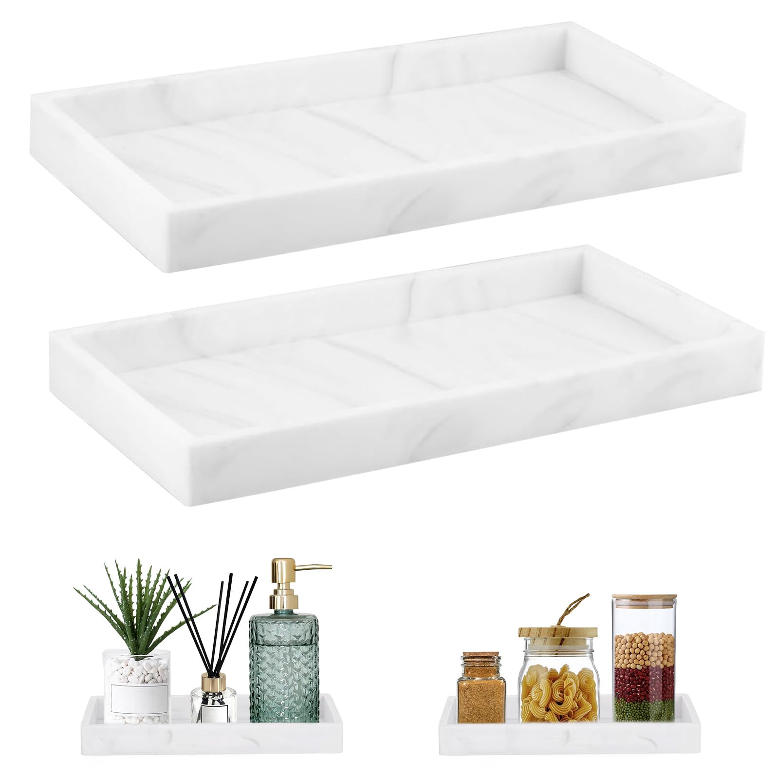 Bathroom Tray, XIATIAN 2 Pcs Silicone Vanity Trays, Bathroom Vanity Tray, Rectangle Dresser Countertop Organizer for Toilet Countertop Dresser (Marble White, 20 x 10 x 2 cm)
