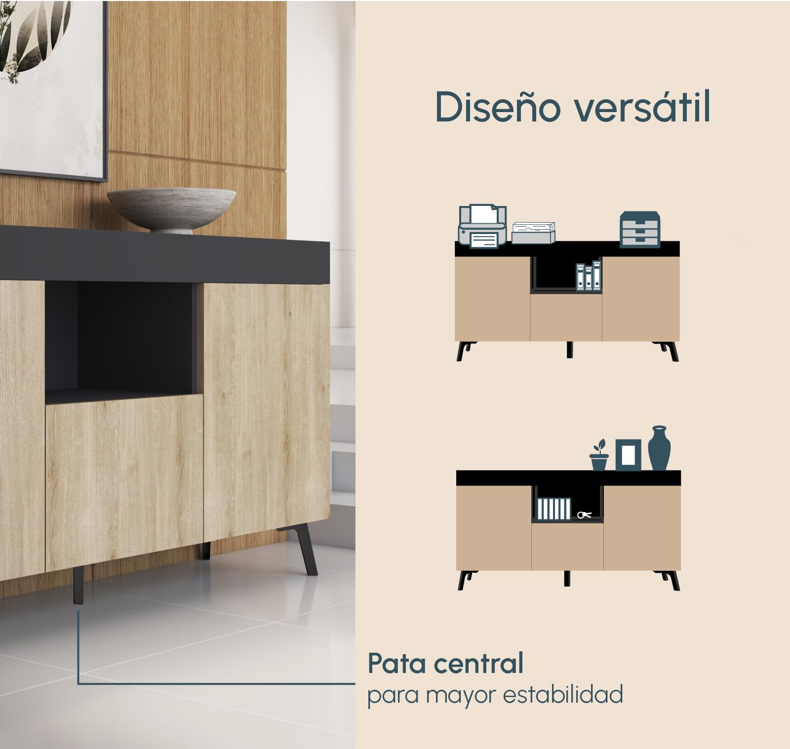 MB Muebles Bonitos | Aparador bajo Kai con 3 Puertas para Salón Comedor Moderno | Mueble de Melamina Mate | Color Negro y Sonoma | 130x70x32,5 cm