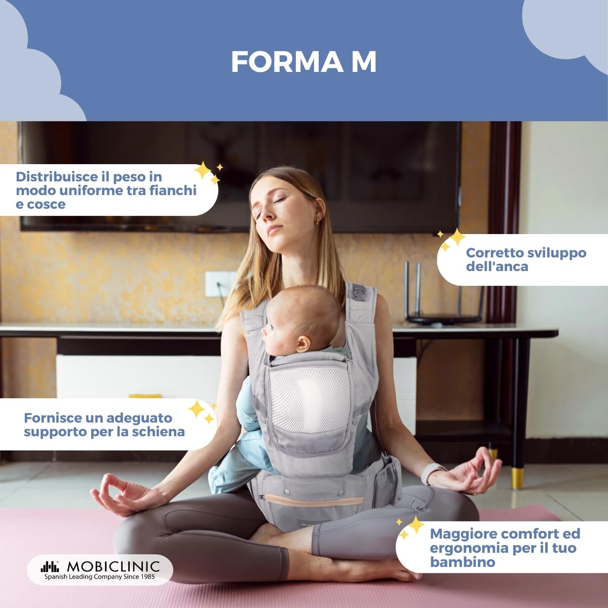 Mobiclinic® kids, Marsupio neonato, 6 in 1, Moley, Ergonomico, Multiposizione, 0-36 mesi, Pieghevole, Tasca con cerniera, Portabiberon, Cotone premium morbido, Per neonati e bambini (grigio)