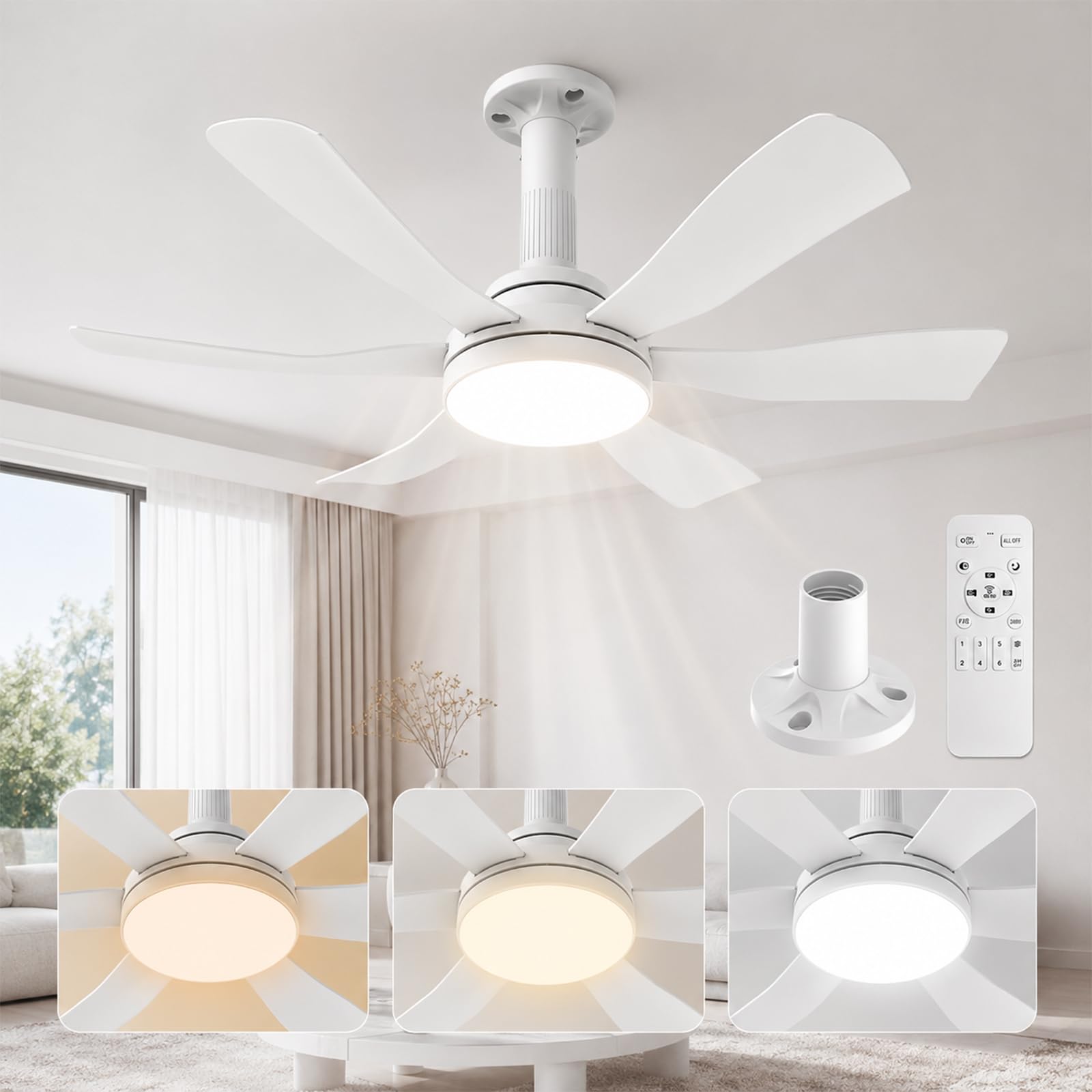 Hisummer 71cm Ventilatore da Soffitto con Luce e Telecomando, Attacco E27 Compatibile Solo con Base Fornita, Montaggio Veloce, Piccolo Ventilatore da Soffitto Silenzioso per Camera da Letto, Soggiorno