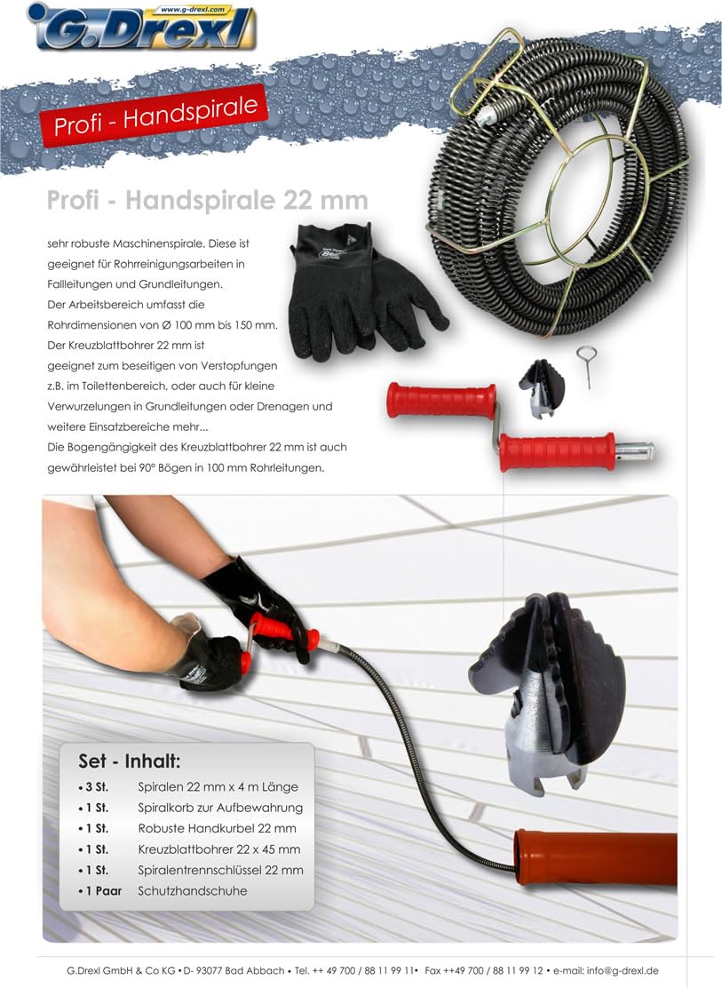 Drexl Profi Handrohrreinigungsspirale 22mm mit Handkurbel Rohre 100-150mm Ø | Spiralenset 22mm, Werkzeugset 22mm. Einsatz für Abflüsse Küche Bad Waschküche von 50-75 mm Spitzen Qualität - Made in Germany