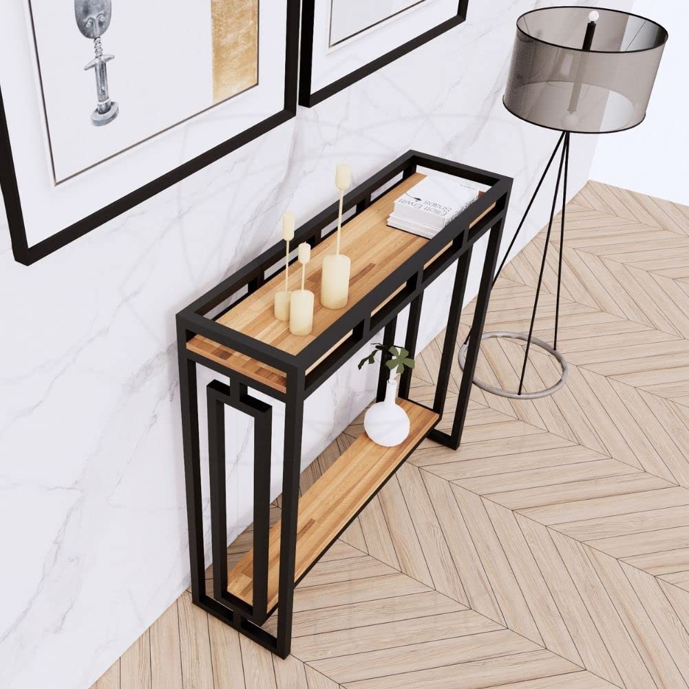 HIRVALL Console Table with Solid Wooden Board and Mild Steel Frame for use as a Couch Table in The Living Room, a Valet Table in The Bedroom, a Counter (90 * 30 * 90 cm) (Black) 3