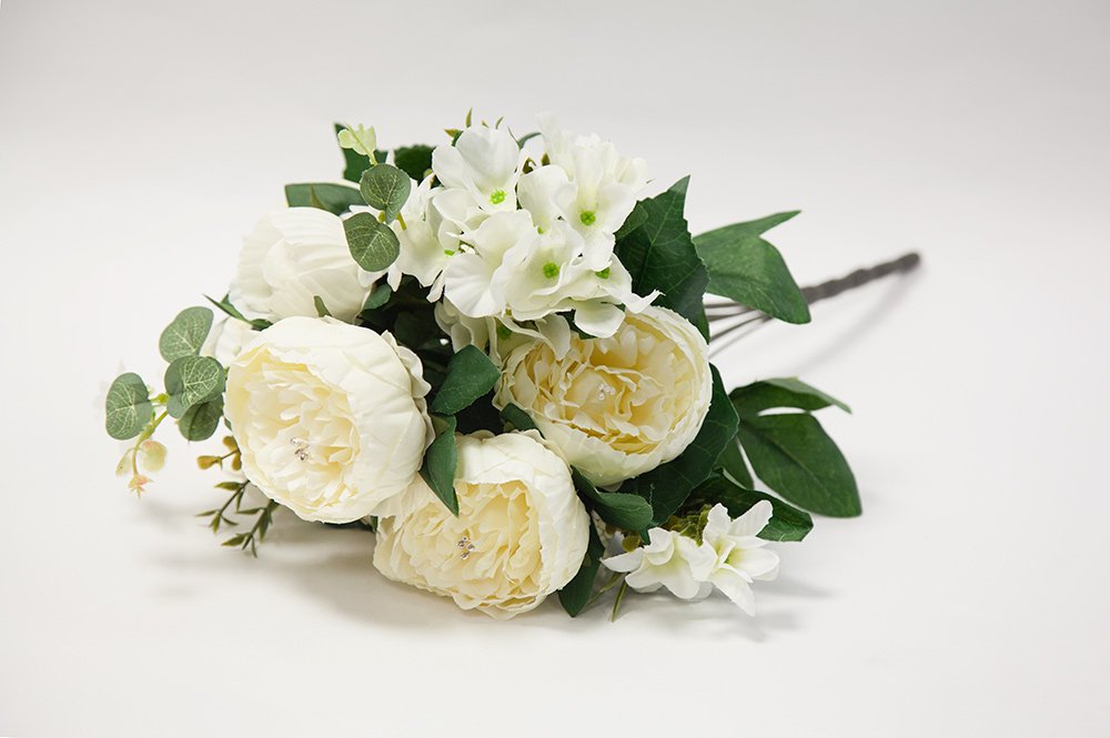 Artificial Silk Peony Flower Bouquet (NO.4) -8 Colours Wedding Centrepiece Decor (Ivory)