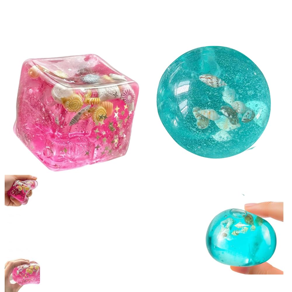 Squishy Cube, Ice Cube Stress Ball Fidget Toy, Ocean Shells Inside Sensory Stress Relief Toys for Adults Teens Classroom Prizes (ball+pink) — image 1
