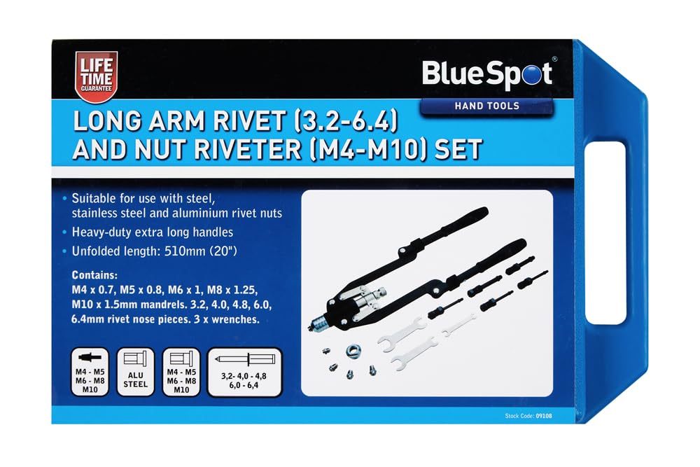 Blue Spot Tools Long Arm Pivet (3.2-6.4) and Nut Riveter (M4-M10) Set