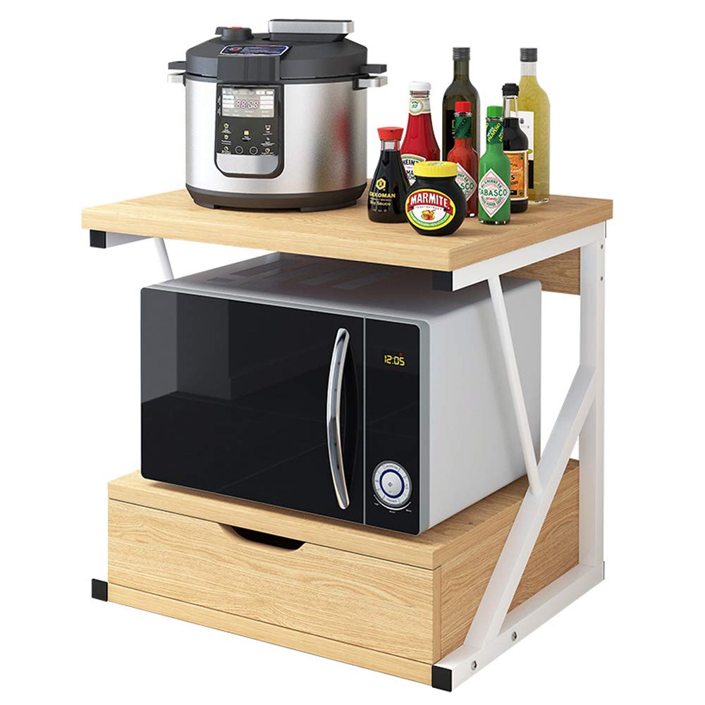 Redd Royal White 2-Tier Kitchen Baker's Rack Spices Rack With Drawers, Countertop Microwave Oven Shelf Stand Storage Organizer Shelving Unit Freestanding Wood Top Metal Frame