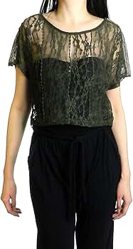 Lush Women's Sequin Shoulder Sheer Lace Crop Top (M) at
