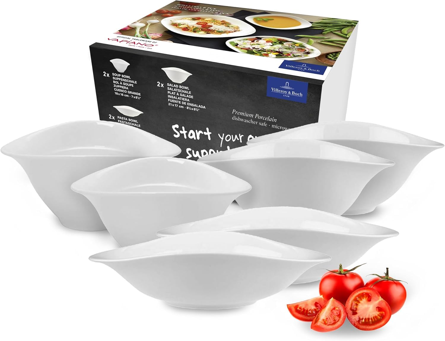 Villeroy & Boch - Vapiano Schalen-Trio 12-teilig weiß, Spülmaschinenfest, Mikrowellensicher, Geschirrset, Pastaschalen, Salatschalen, Suppenschalen, Keramik Schalen, Schüsseln Tief, Premium Porzellan