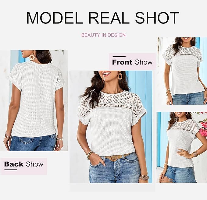 Dokotoo Women's Tops Casual Scoop Neck Short Sleeve Waffle Knit Hollow Out Shirts Loose Tunic Tops Blouses - Image 5