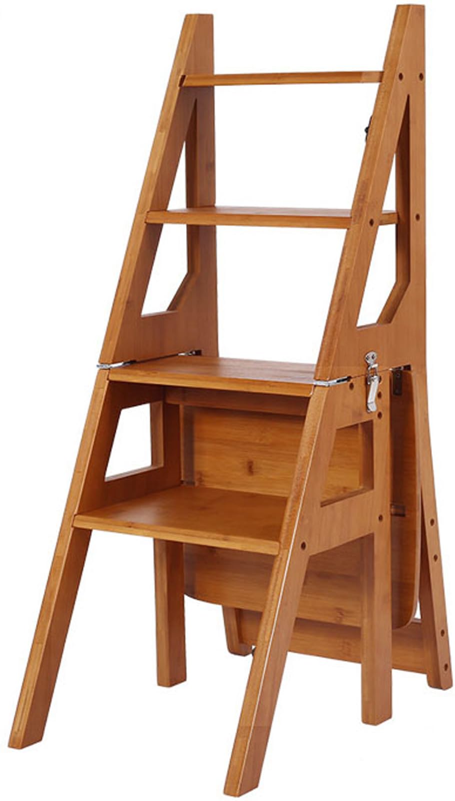 Taburete de escalera plegable de madera maciza con 4 niveles y estante marrón para cocina