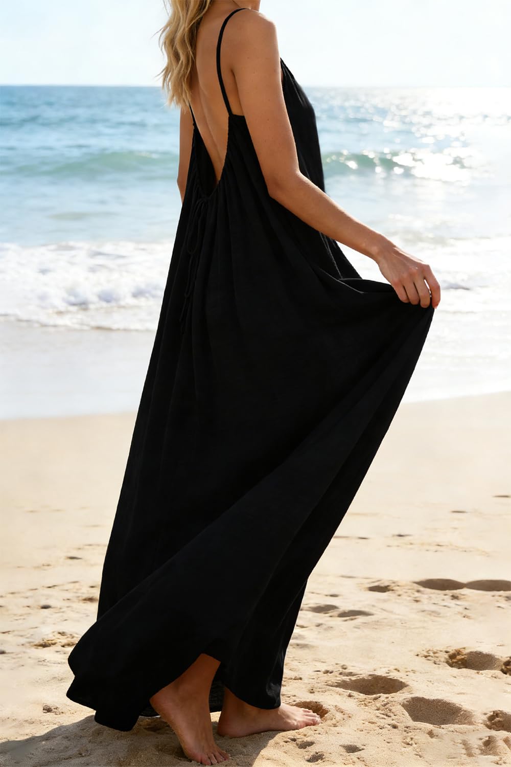 Robe Cami Dos Nu avec Bretelles Spaghetti-Maxi Robe d'Été Confortable pour Plage, Vacances & Lounge-Robe Longue Légère pour Femme