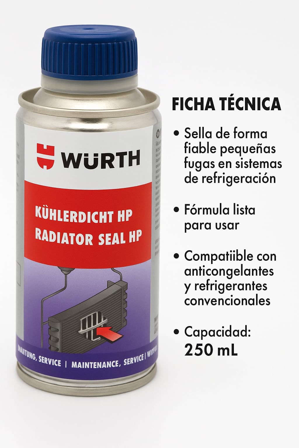 Wuerth WURTH Tapafugas Radiador, Sellador de Fugas para Refrigerante de Motor, 150 ml, para 10 L de Anticongelante.