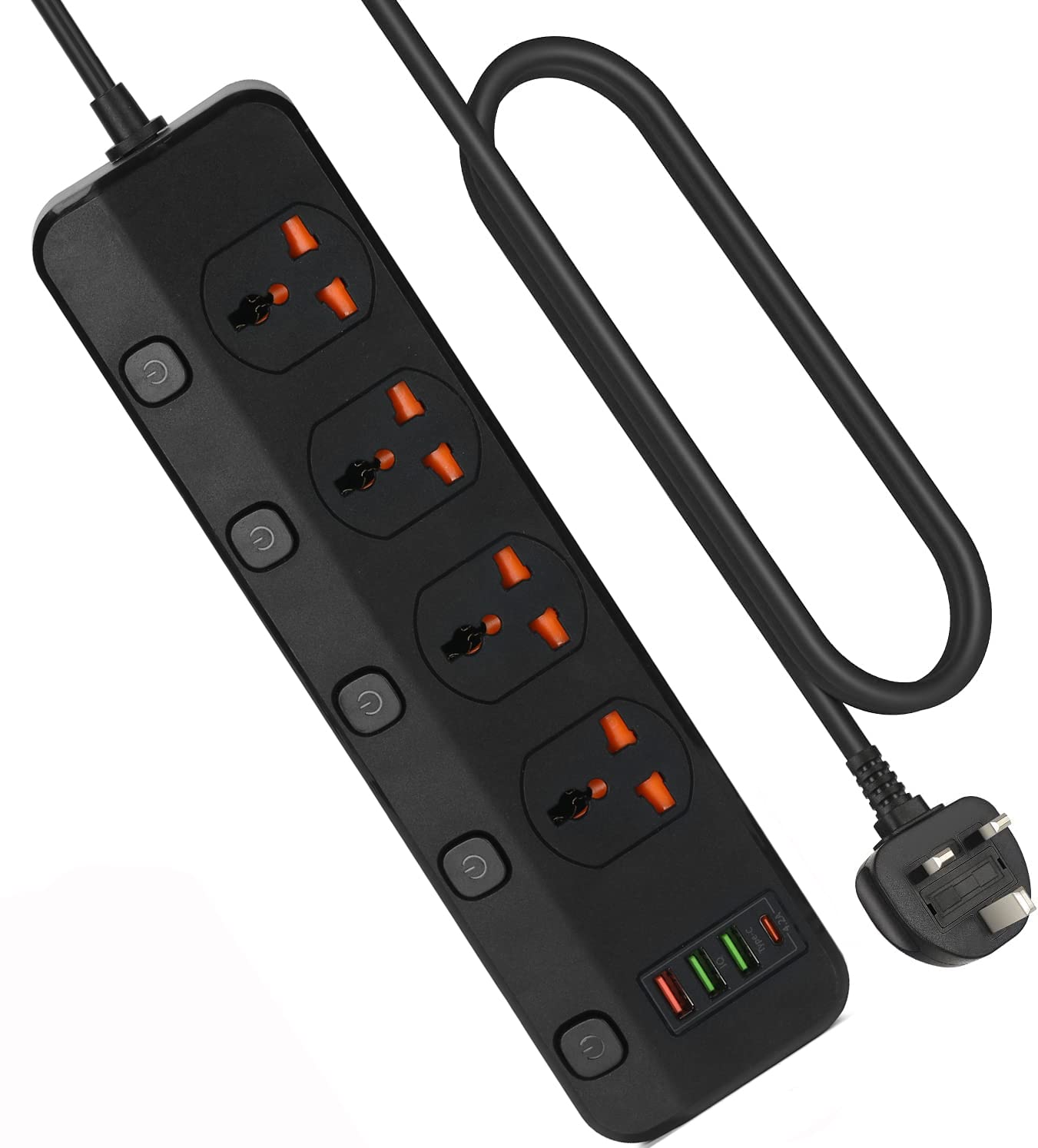 Jasni 3M/9.84FT Extension Lead 4 AC Way With Fast Charger 3 USB+1 Type-C Slots,13Amp UK Plug Power,Protected Extension Cord with Individual Switches,Power Strip for Home Office (Black)