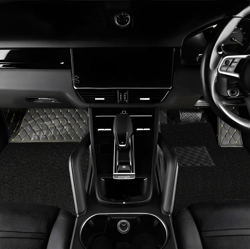 Image of NEXTA Premium Faux Leather 7D Car Floor Mats for MG Majestor - 7 Seater (All 3 Rows) || Luxury Leather with Grass Mat Complete Set || 100% Waterproof and Washable (Color Black & Golden)