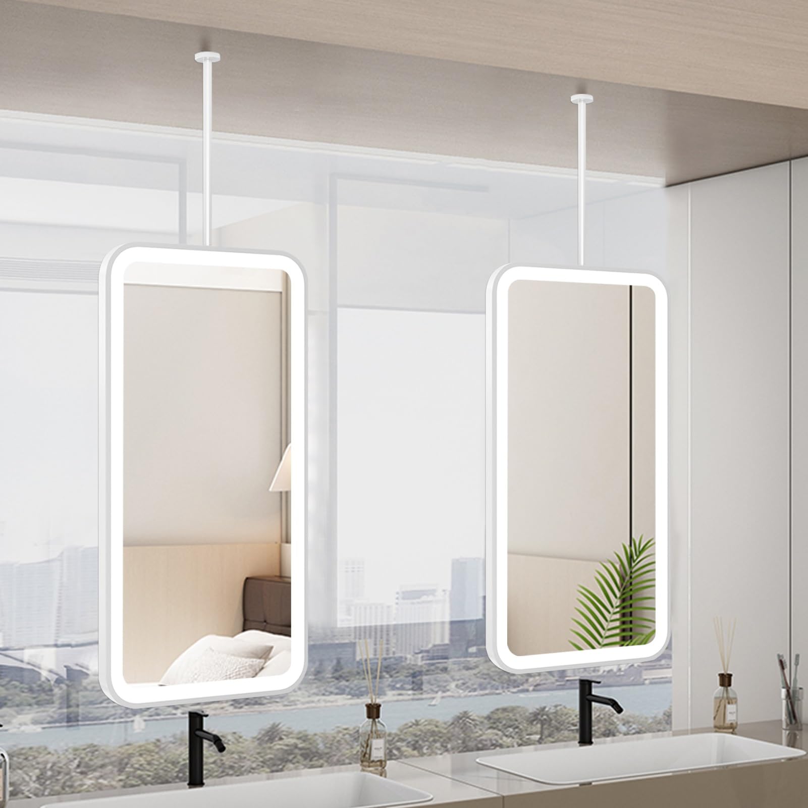 Miroir LED salle de bain suspendu au plafond au-dessus du lavabo contemporain