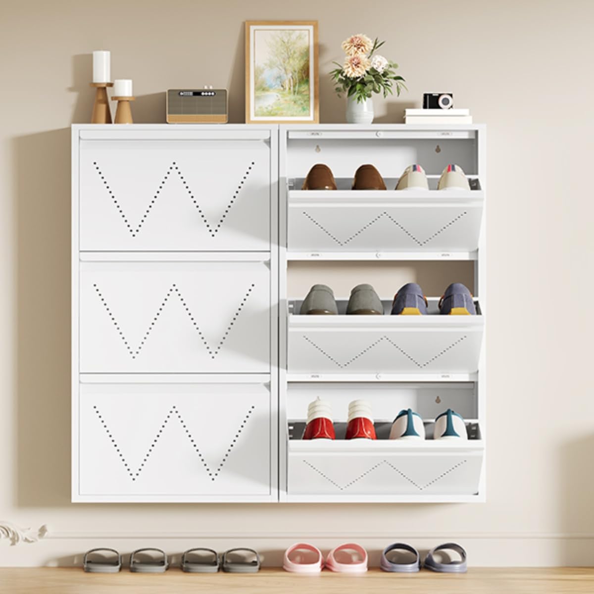 TAUS Schuhschrank Schmal Schuhregal Metall Schuhkipper mit Magnet Klappen Schuhablage Montiert und Wandmontage (Weiß, 3 Klappen) (2)